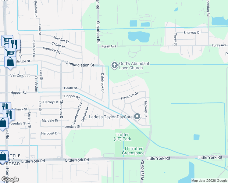 map of restaurants, bars, coffee shops, grocery stores, and more near 11143 Ledford Lane in Houston