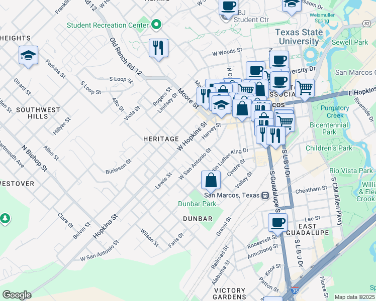 map of restaurants, bars, coffee shops, grocery stores, and more near 704 Farm to Market Road 2439 in San Marcos