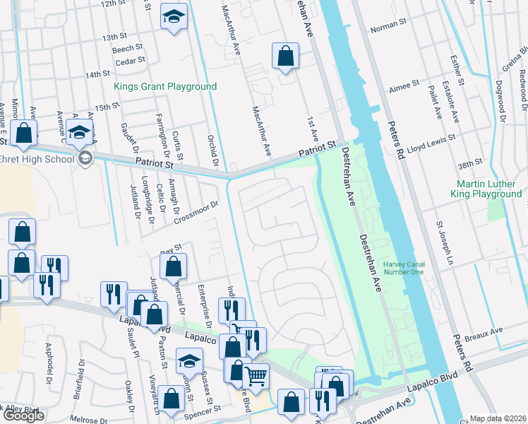 map of restaurants, bars, coffee shops, grocery stores, and more near 3305 Abbotswood Drive in Harvey