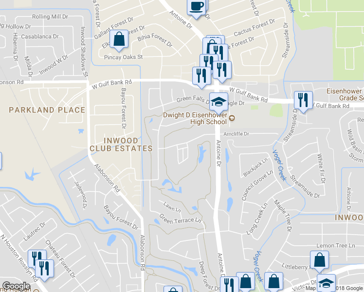 map of restaurants, bars, coffee shops, grocery stores, and more near 5921 Arncliffe Drive in Houston