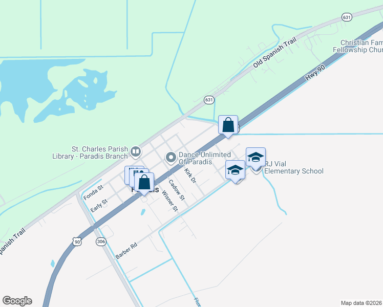 map of restaurants, bars, coffee shops, grocery stores, and more near 15126 U.S. 90 in Paradis