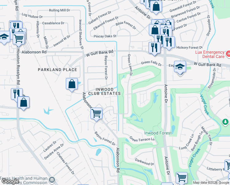 map of restaurants, bars, coffee shops, grocery stores, and more near 7800 Bayou Forest Drive in Houston
