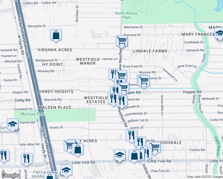 map of restaurants, bars, coffee shops, grocery stores, and more near 11210 Rusty Street in Houston