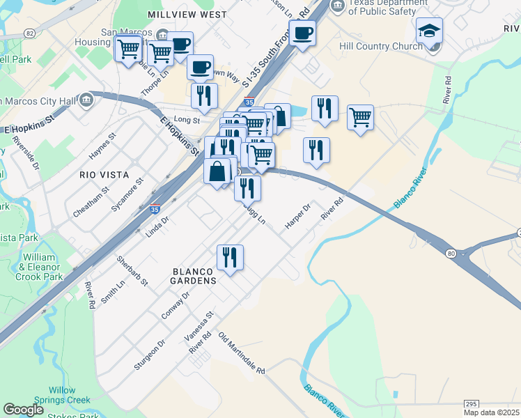 map of restaurants, bars, coffee shops, grocery stores, and more near 937 Bugg Lane in San Marcos