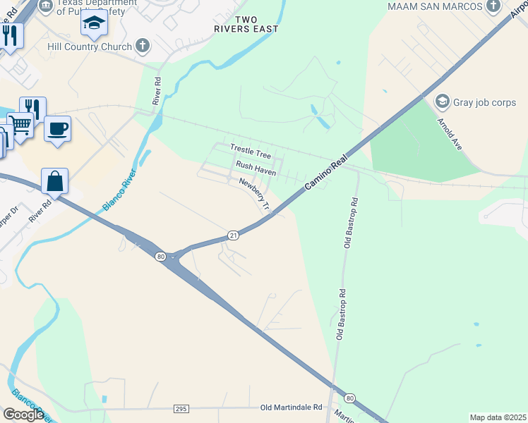 map of restaurants, bars, coffee shops, grocery stores, and more near 105 Dashwood in San Marcos