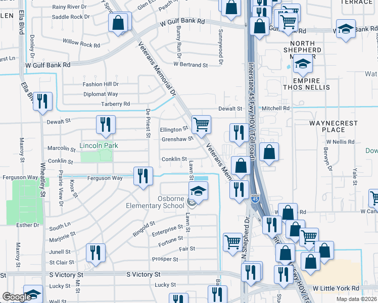 map of restaurants, bars, coffee shops, grocery stores, and more near 843 Marcolin Street in Houston