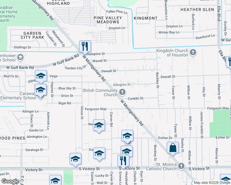 map of restaurants, bars, coffee shops, grocery stores, and more near 9430 West Montgomery Road in Houston