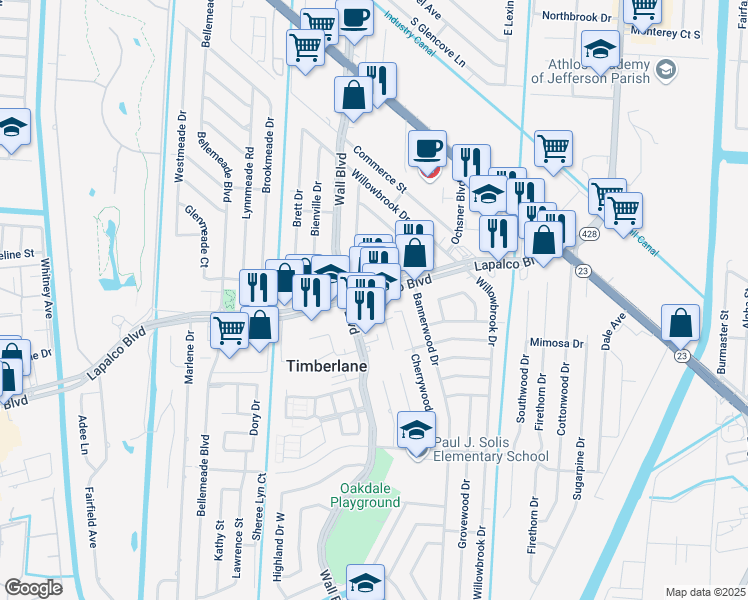map of restaurants, bars, coffee shops, grocery stores, and more near 435 Lapalco Boulevard in Gretna