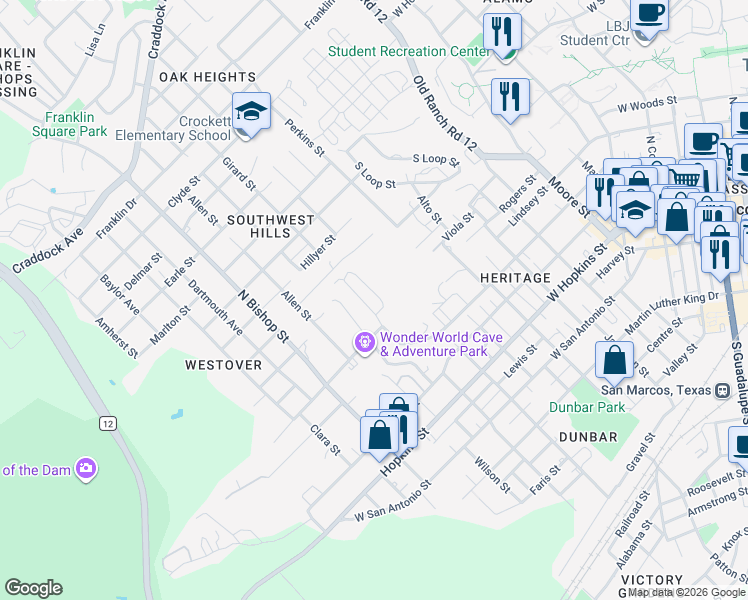 map of restaurants, bars, coffee shops, grocery stores, and more near 606 Bracewood Circle in San Marcos