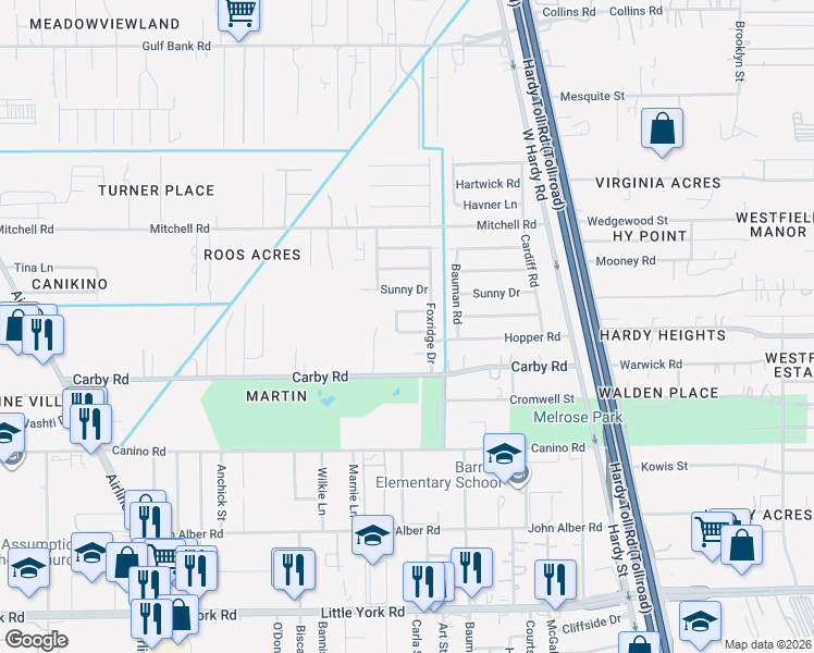 map of restaurants, bars, coffee shops, grocery stores, and more near 1119 Burnley Street in Houston