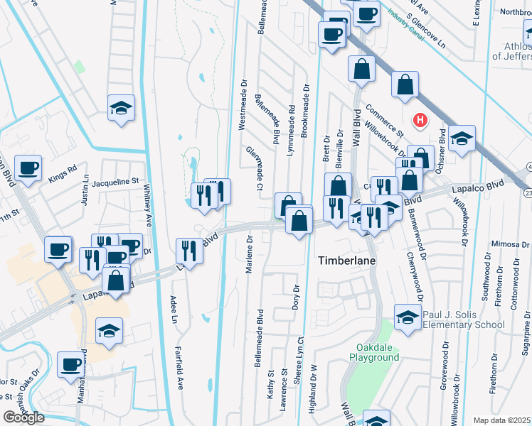 map of restaurants, bars, coffee shops, grocery stores, and more near 650 Bellemeade Boulevard in Gretna