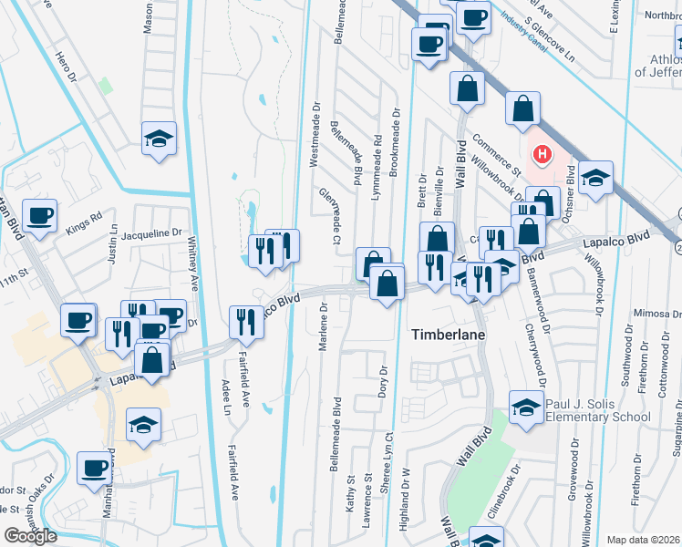 map of restaurants, bars, coffee shops, grocery stores, and more near 650 Bellemeade Boulevard in Gretna