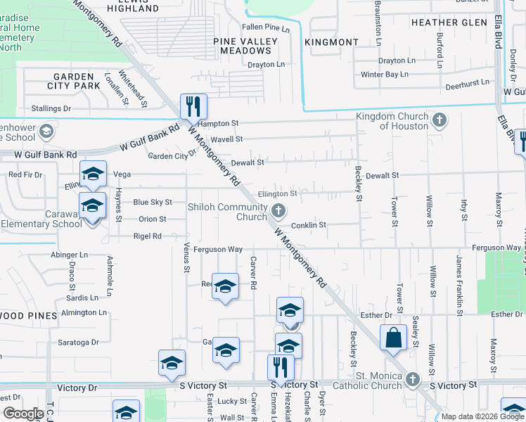 map of restaurants, bars, coffee shops, grocery stores, and more near 9430 West Montgomery Road in Houston