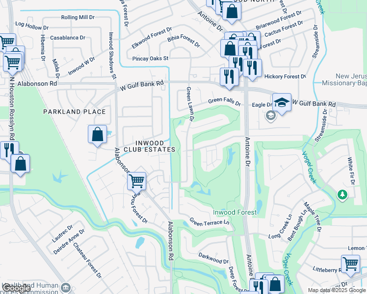 map of restaurants, bars, coffee shops, grocery stores, and more near 7879 Green Lawn Drive in Houston