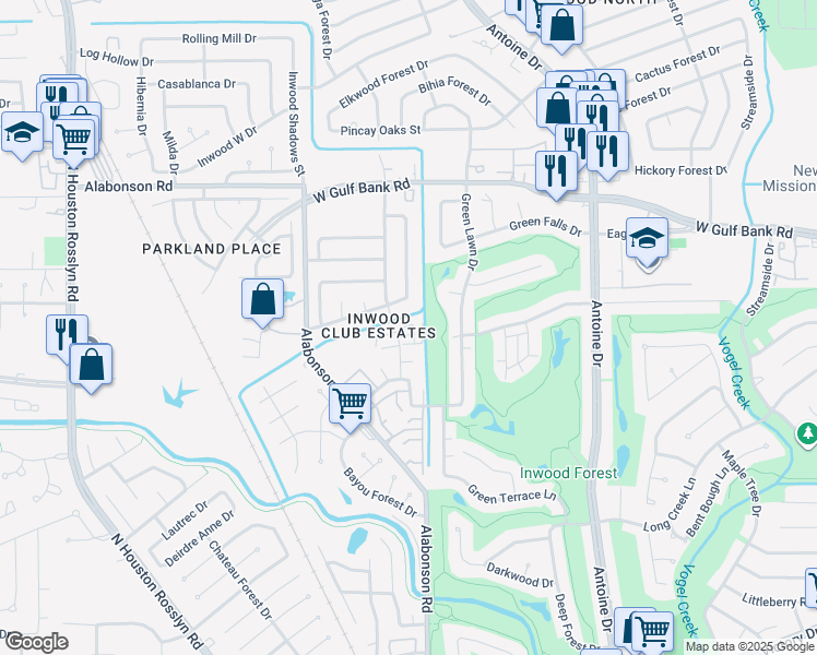 map of restaurants, bars, coffee shops, grocery stores, and more near 7830 Bayou Forest Drive in Houston