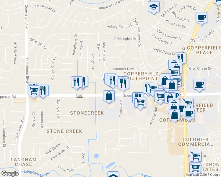 map of restaurants, bars, coffee shops, grocery stores, and more near 16310 Fm 529 Road in Houston