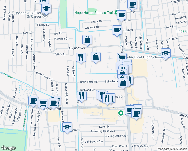 map of restaurants, bars, coffee shops, grocery stores, and more near 1609 Belle Court in Marrero