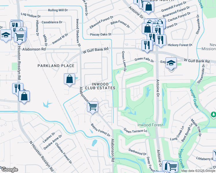 map of restaurants, bars, coffee shops, grocery stores, and more near 7830 Bayou Forest Drive in Houston