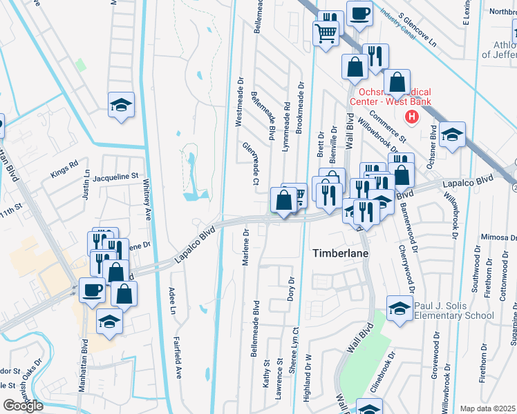 map of restaurants, bars, coffee shops, grocery stores, and more near 650 Bellemeade Boulevard in Gretna