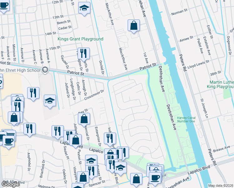 map of restaurants, bars, coffee shops, grocery stores, and more near 1700 Heatherwood Drive in Harvey