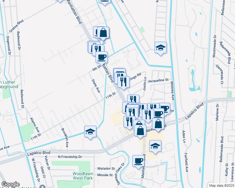 map of restaurants, bars, coffee shops, grocery stores, and more near 23174 Manhattan Boulevard in Harvey