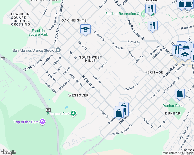 map of restaurants, bars, coffee shops, grocery stores, and more near 1111 Advance Street in San Marcos