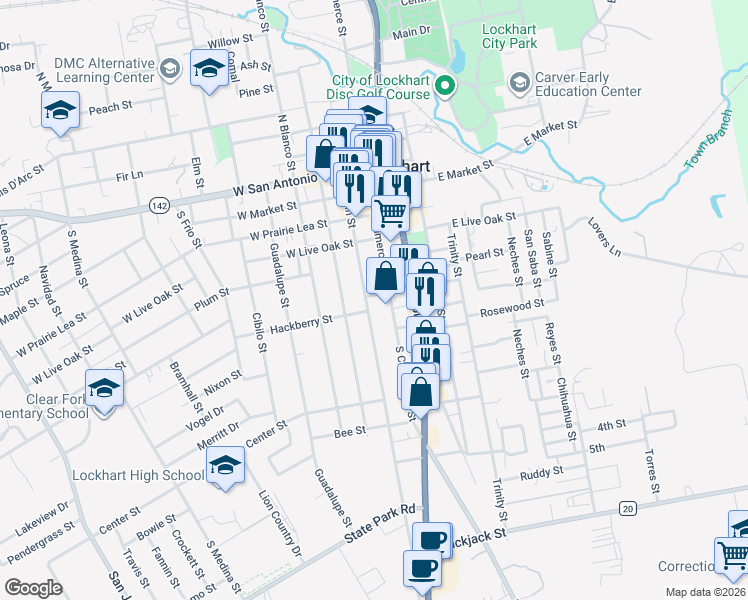 map of restaurants, bars, coffee shops, grocery stores, and more near 700 S Main St in Lockhart