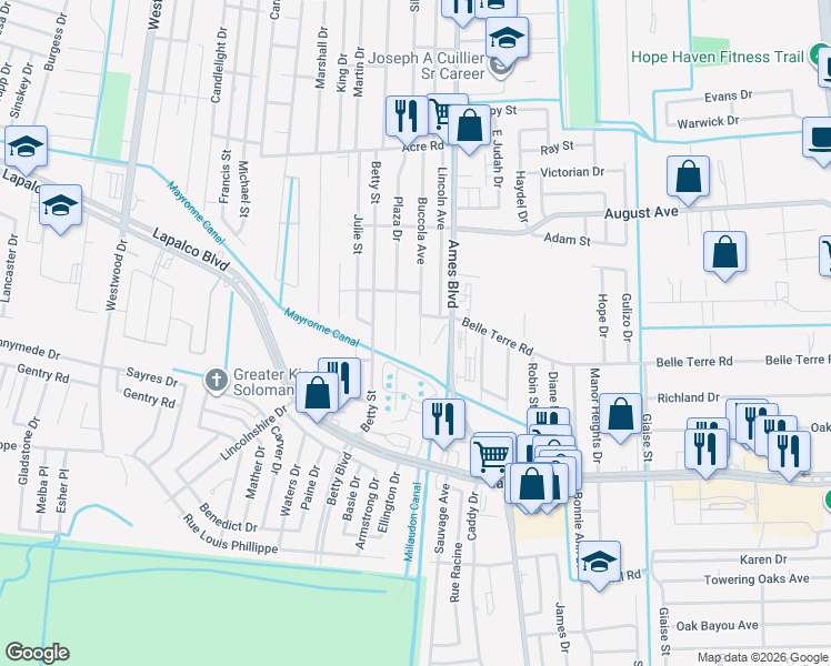 map of restaurants, bars, coffee shops, grocery stores, and more near 1836 Buccola Avenue in Marrero