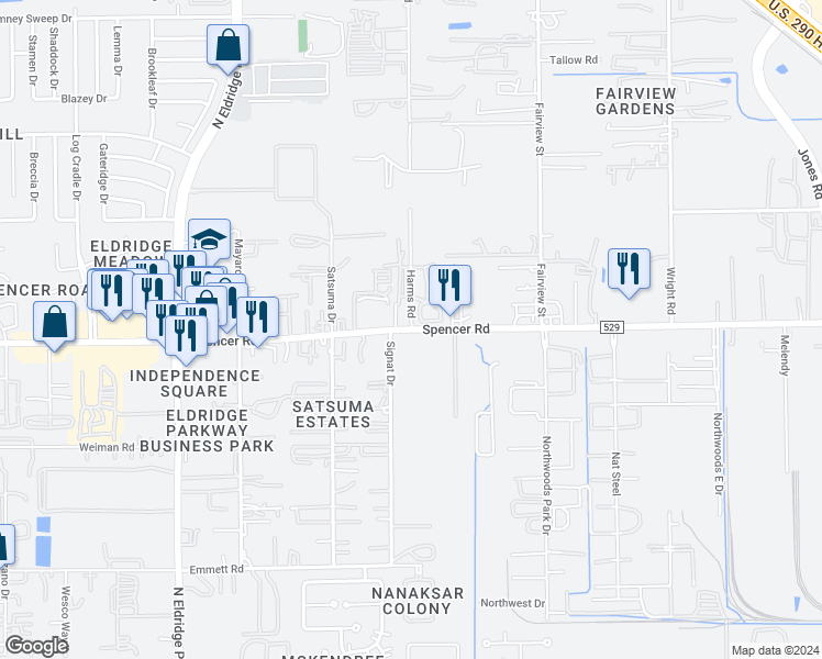 map of restaurants, bars, coffee shops, grocery stores, and more near Farm to Market Road 529 in Houston