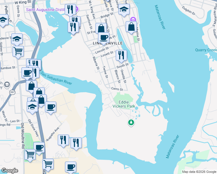 map of restaurants, bars, coffee shops, grocery stores, and more near 178 Twine Street in St. Augustine