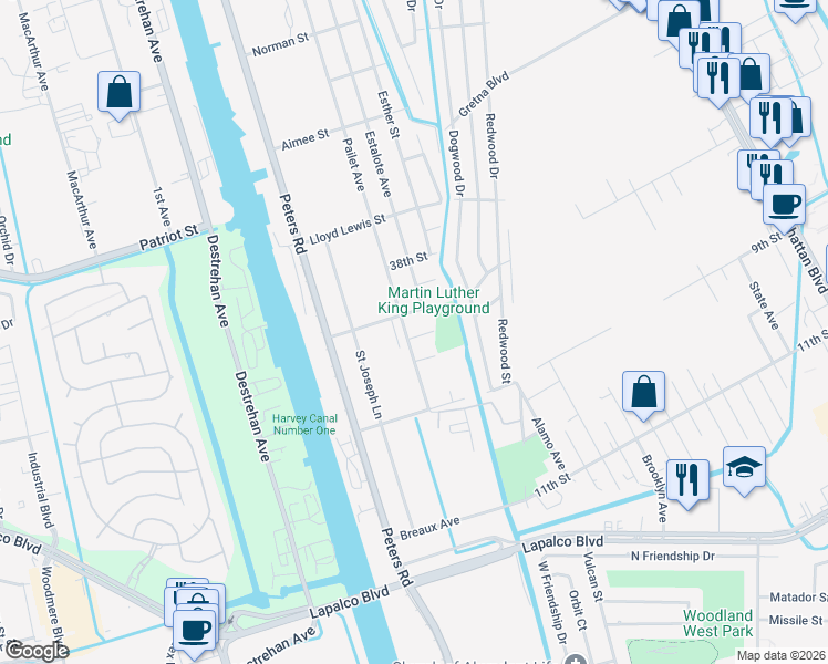 map of restaurants, bars, coffee shops, grocery stores, and more near 2117 Pailet Avenue in Harvey