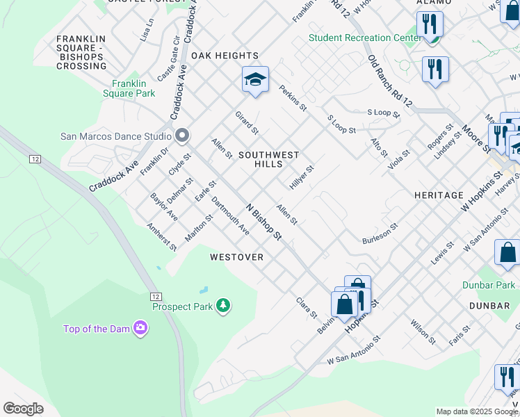 map of restaurants, bars, coffee shops, grocery stores, and more near 1204 Hillyer Street in San Marcos