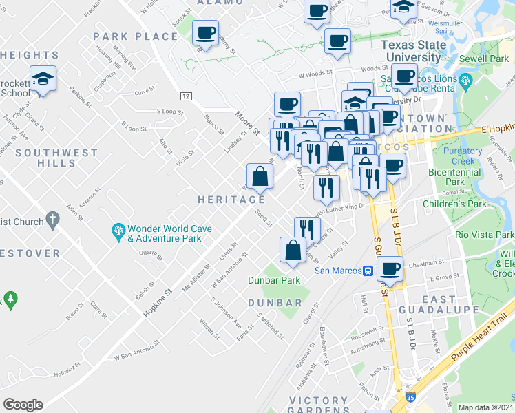 map of restaurants, bars, coffee shops, grocery stores, and more near 629 West Hopkins Street in San Marcos