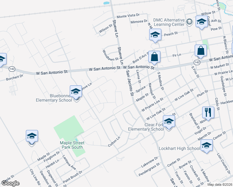 map of restaurants, bars, coffee shops, grocery stores, and more near 300 South Mockingbird Lane in Lockhart