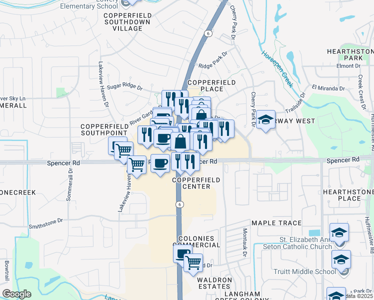 map of restaurants, bars, coffee shops, grocery stores, and more near 7006 Highway 6 in Houston