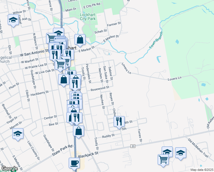 map of restaurants, bars, coffee shops, grocery stores, and more near 711 Sabine Street in Lockhart