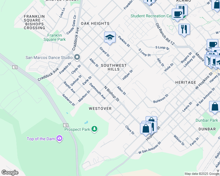 map of restaurants, bars, coffee shops, grocery stores, and more near 1204 Hillyer Street in San Marcos