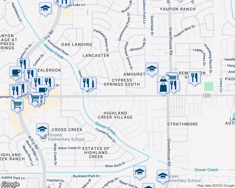 map of restaurants, bars, coffee shops, grocery stores, and more near 19608 FM 529 in Cypress