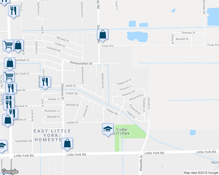 map of restaurants, bars, coffee shops, grocery stores, and more near 11143 Ledford Lane in Houston