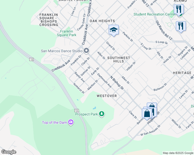 map of restaurants, bars, coffee shops, grocery stores, and more near 1010 Dartmouth Avenue in San Marcos