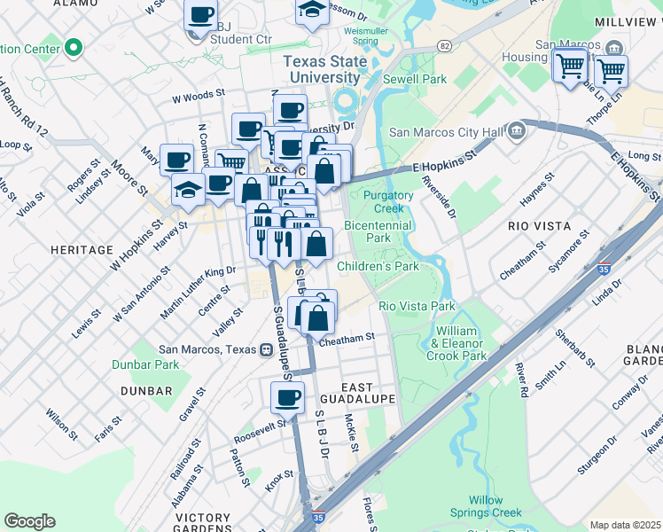 map of restaurants, bars, coffee shops, grocery stores, and more near 209 Martin Luther King Drive in San Marcos