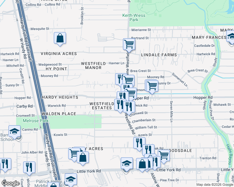 map of restaurants, bars, coffee shops, grocery stores, and more near 11210 Rusty Street in Houston