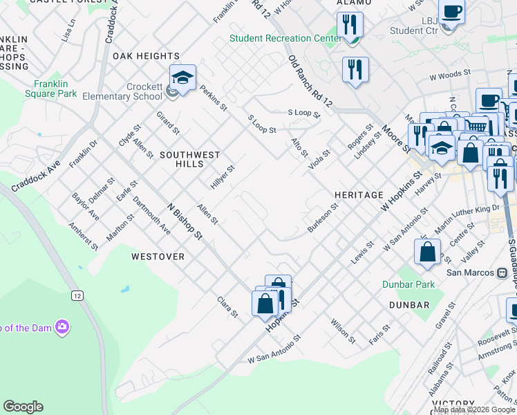 map of restaurants, bars, coffee shops, grocery stores, and more near 608 Bracewood Circle in San Marcos