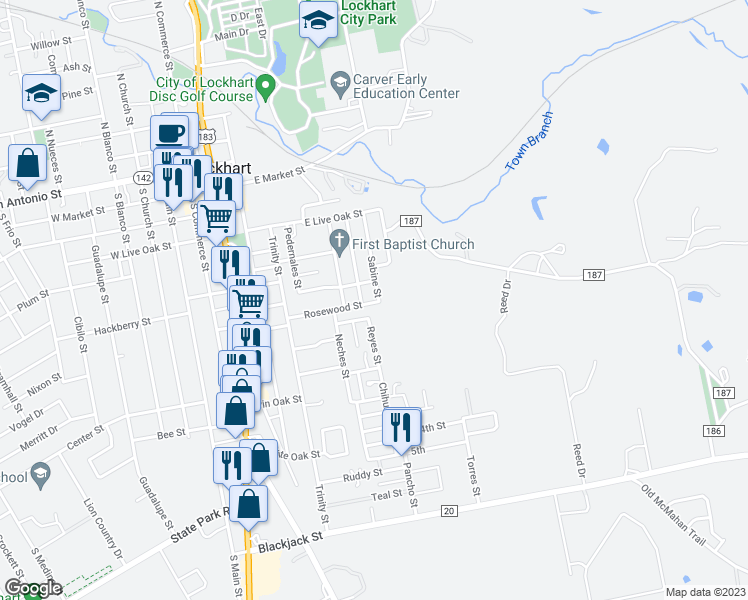 map of restaurants, bars, coffee shops, grocery stores, and more near 711 Sabine Street in Lockhart