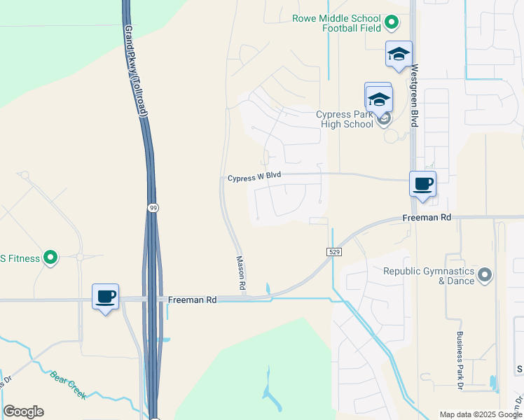 map of restaurants, bars, coffee shops, grocery stores, and more near Freeman Road in Cypress