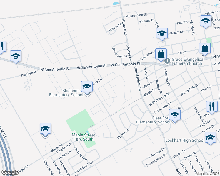 map of restaurants, bars, coffee shops, grocery stores, and more near 300 South Mockingbird Lane in Lockhart