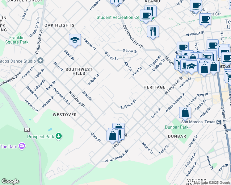 map of restaurants, bars, coffee shops, grocery stores, and more near 606 Bracewood Circle in San Marcos