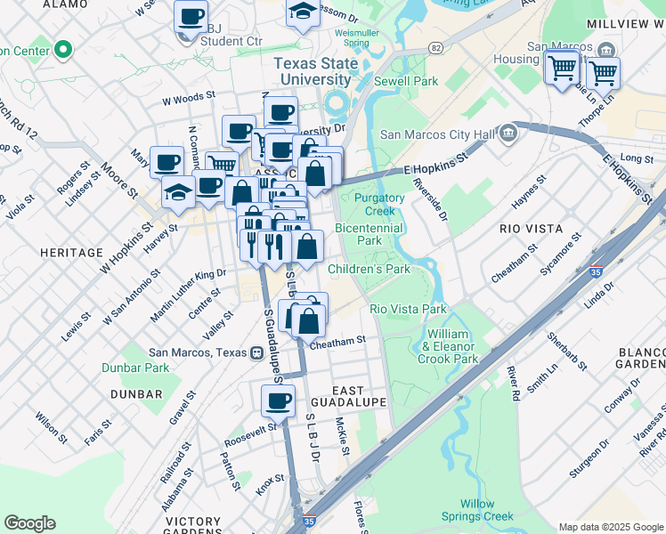 map of restaurants, bars, coffee shops, grocery stores, and more near 209 Martin Luther King Drive in San Marcos