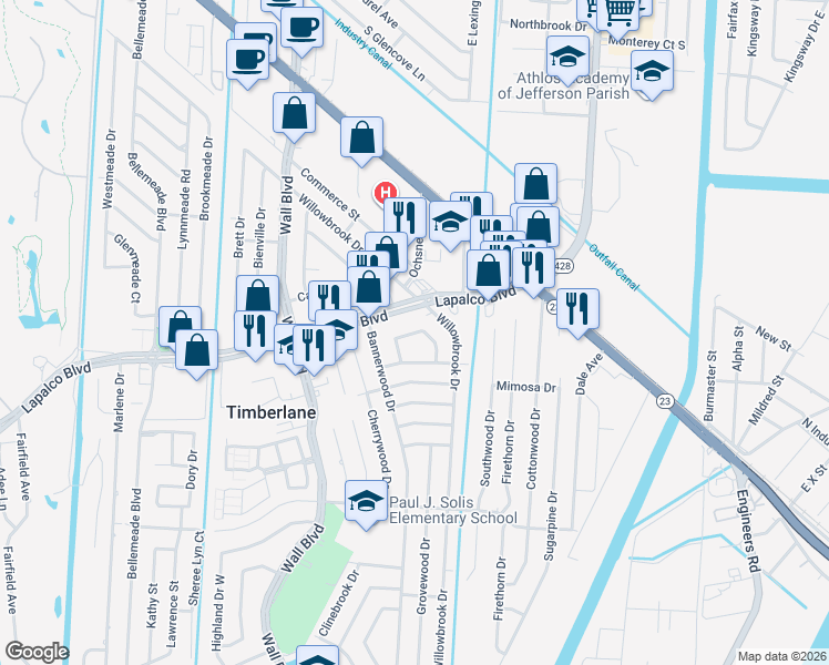 map of restaurants, bars, coffee shops, grocery stores, and more near 228 Briarwood Drive in Gretna