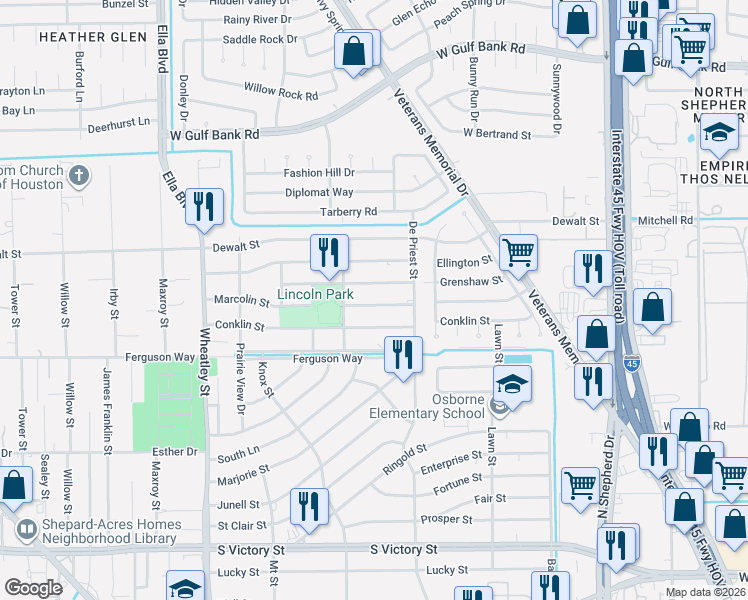map of restaurants, bars, coffee shops, grocery stores, and more near 934 Marcolin Street in Houston